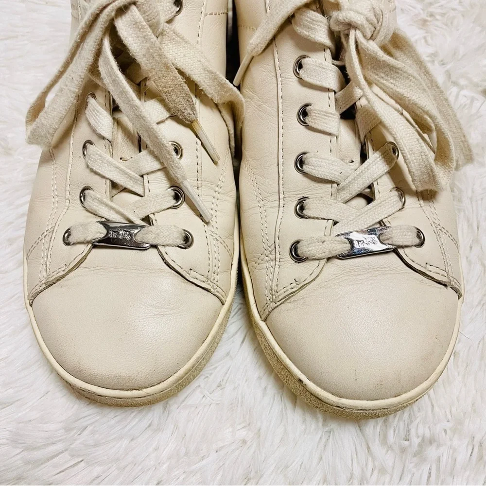 Coach Low Top Leather Sneakers 9B Leopard Print Heel Off-White Luxury C126